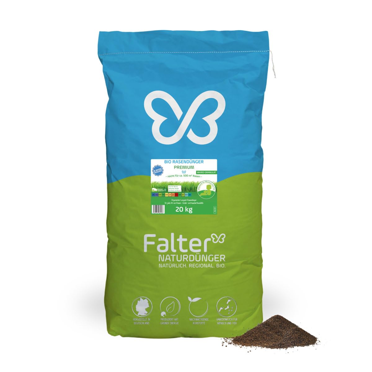Falter BIO Rasendünger Premium 20 kg | Organischer NPK-Dünger | Biodünger für Rasen, Bäume, Sträucher, Hecken, Koniferen und Rosen. Unbedenklich für Mensch und Tier