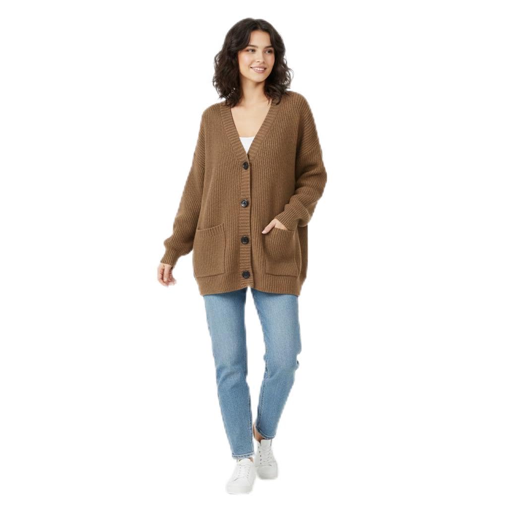 Women's Blend Chunky Cardigan V-Neck Pocket Knitted Cardigan Brown Freesize - Sweater for Women-image-48
