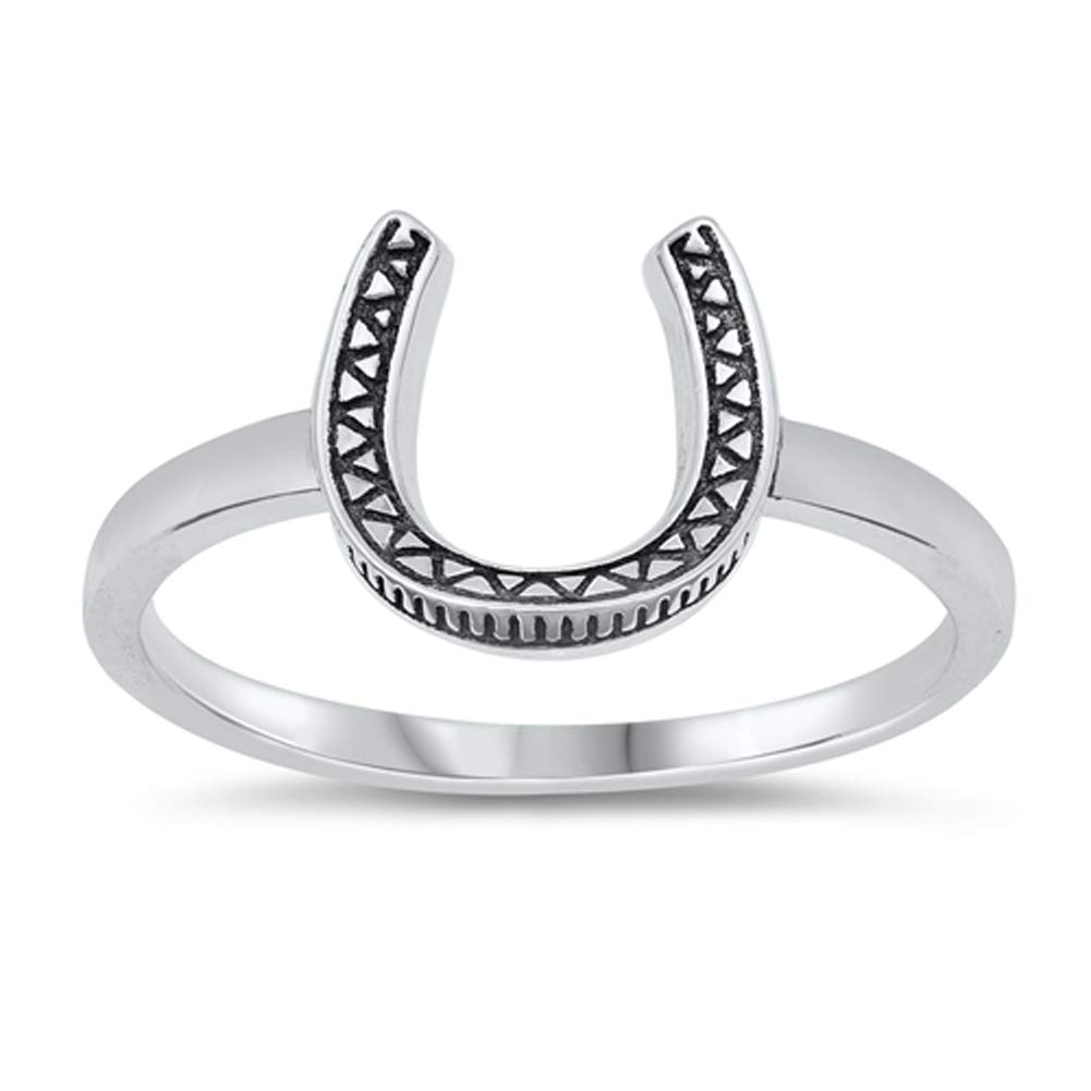 Unique Aztec Style Grooved Horseshoe Ring - .925 Sterling Silver Band, Sizes 4-10