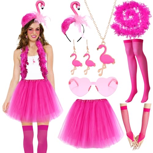 Flamingo Kostüm Damen mit Haarreif Pinker Tüllrock Federschal Handschuhe Herzbrille Ohrringe Fasching Kostüm Flamingo Damen karneval Flamingo...