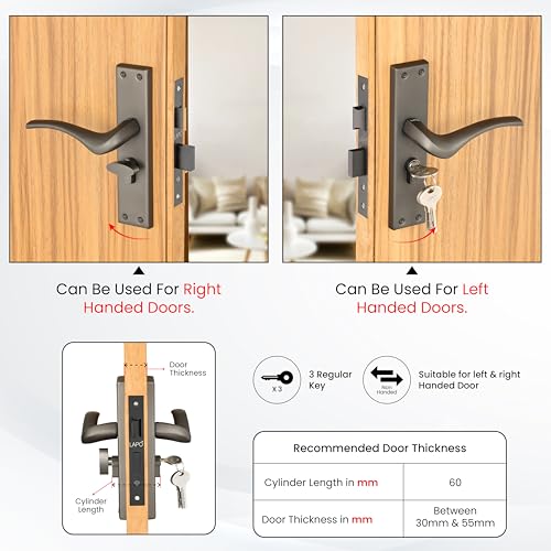 Image of LAPO Mortise Door Lock for Home Main Door & Bedroom with Handle, Left-Right Fit 30-50mm Door Home Office Hotel, Heavy-Duty 60mm Cylinder, 45x45mm Body, 3 Brass Keys | Black Finish |CY-101