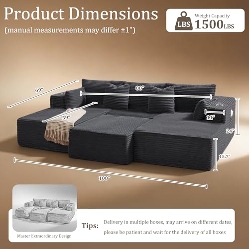 Image of 108 inch Cloud Sectional Couch, Comfort Sleep Sofa for Living Room, Extra Deep Seats No Assembly, Minimalist Modular Couch, Corduroy (Dark Grey, Widen Loveseat Chaise)