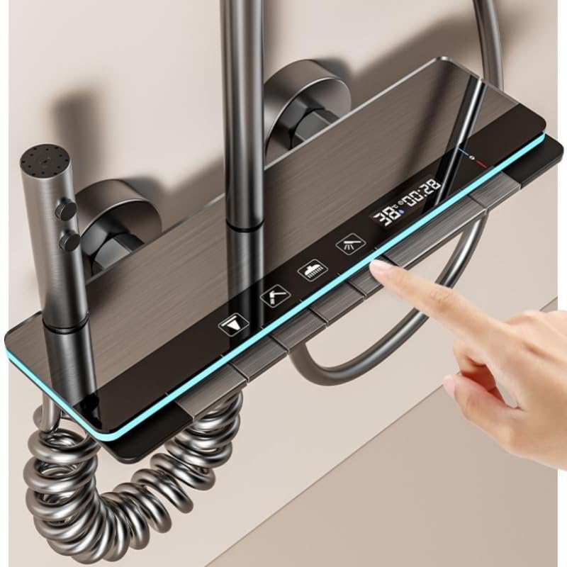 Colonne de Douche Gris Titane avec Tête Carrée - Colonne de Douche 4 Modes et Hauteur Réglable - Tête de Douche, Jet, Robinet et Pommeau de Douche