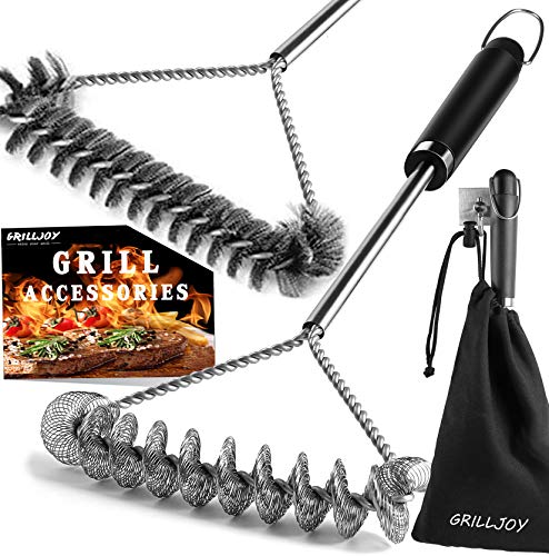 grilljoy 4PC 3-Sided Grill Brush Set with Bag - 17.5-Inch Wire Grill Cleaning