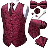 YOHOWA Formal Men Burgundy Vest V-Neck Suit Vests Tie Bowtie Set Paisley Jacquard Waistcoat Clip Hanky Cufflinks Lapel Pin Wedding 8PCS