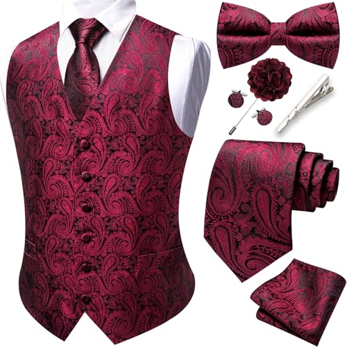 YOHOWA Mens Suit Vest Silk Tie Bowtie Set Paisley Jacquard Formal Waistcoat Clip Hanky Cufflinks Lapel Pin Wedding Party 8PCS