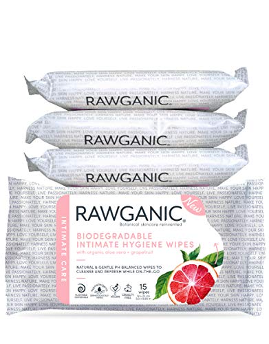 RAWGANIC Toallitas Intimas Organicas | Hipoalergénicas, sin alcohol, sin fragancia, biodegradables Toallitas pre-depilación con pomelo y Aloe Vera (4 paquetes (60 toallitas))