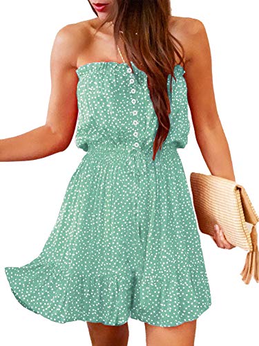 Angashion Women s Floral Strapless Pleated Flowy Skater Mini Tube Dress 2137 Green L