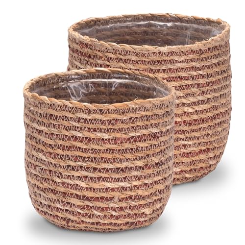 Decorasian Maceta de algas marinas trenzadas, cesta decorativa con lámina de estilo boho – natural/rojo, set S