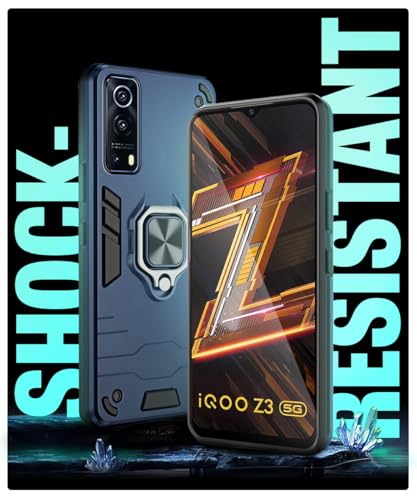 Image of WOW IMAGINE Shock Proof Back Case Mobile Cover for iQOO Z3 | Back Cover Case (Tough Armor | Hybrid PC + TPU | Ring Holder & in-Built Kickstand | Blue)