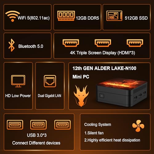 Image of Mini PC 12th Gen Alder Lake-N100(up to 3.4GHz), Dual LAN Mini Computers 12GB DDR5 512GB M.2 SSD, Mini Desktop Computer Support 4K UHD Triple Display /WiFi 5 /BT 5.0, Micro PC for Office /Business