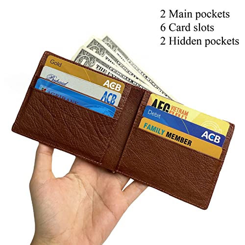 Light Brown Ostrich Leather Slim Bifold Wallet Double Side Exotic Wallet Multiple Pocket Holder Passcase RFID Blocking Security Handmade Gift For Men VINAMOS-064