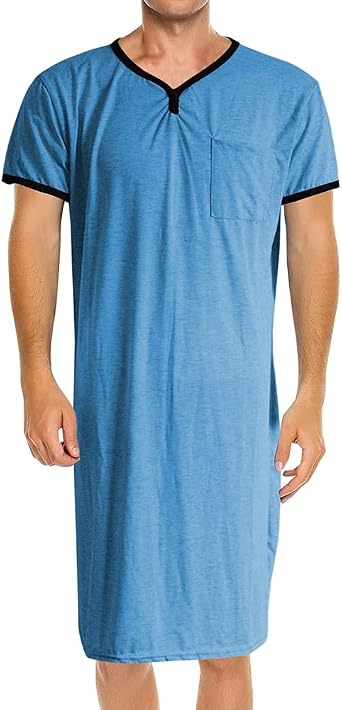Mens Nightgown Henley Night Shirt for Sleeping Short Sleeve Nightgown Big and Tall, Loose Kaftan Sleepwear