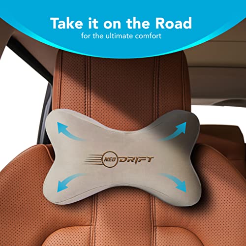 Image of Neodrift 'Neckbone' - Memory Foam Orthopedic Neck Support Car Headrest Velvet Cushion Pillow for Neck, Head, Shoulder Pain-Relief for Car Seat, Gaming Chair, Office Chair (Set of 2) Colour- Beige
