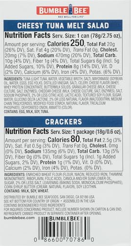 Image of Bumble Bee Snack On The Run! Cheesy Melt Tuna Salad Kit | Ready to Eat Easy-Open Canned Tuna Salad with Crackers Snack Pack, 9g Protein per Box, Wild Caught MSC Certified Tuna