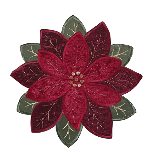 OWENIE Christmas Placemats Set of 4, Poinsettia Table Mats with Embroidered and Applique Velvet Fabric, 16 Inch x 16 Inch Diecut Placemat for XMAS Holiday Tabletop, Round Doilies for Dining Table, Red