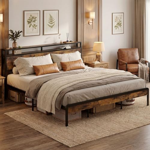 Image of LIKIMIO California King Bed Frames with 2-Tier Storage Shelf Headboard