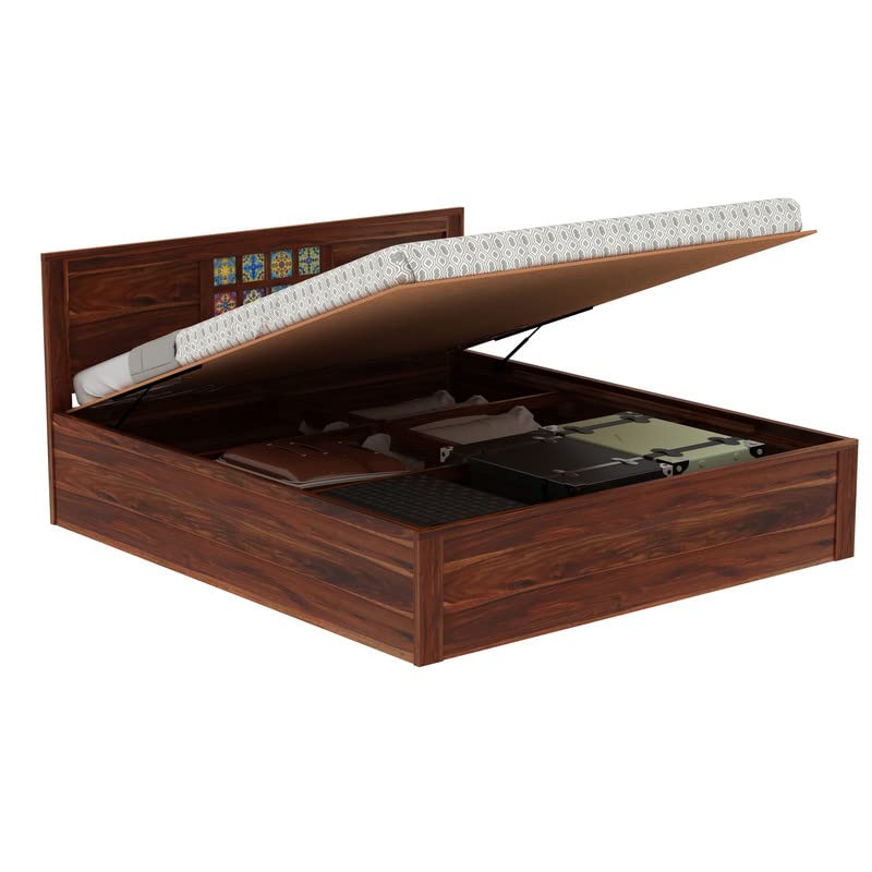 Image of Solid Wood King Size Hydraulic Bed for Bedroom | Wooden Crafted from Premium Sheesham Wood | Bedroom Furniture Elegant Double Bed with Storage | Honey Finish Length (82x74x38 Inches)