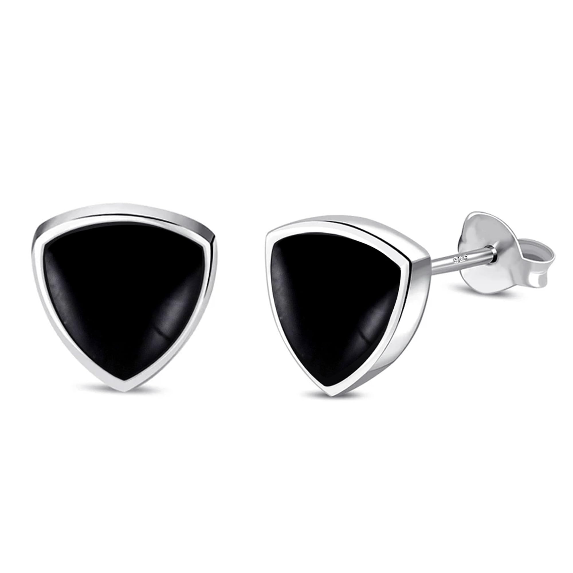 925 Sterling Silver Mens Stud Earrings | BIS Hallmarked Small Curved Triangle Stud Earring | Men's Black Onyx Stud Earrings 8MM-image-20