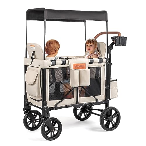 Image of JOYMOR Double Pro Stroller Wagon for 2 Kids, Bus Seating High Seat, Face to Face Seating, with 5-Point Harnesses Safety Belt, Removable UV-Protection Canopy, Phone Holder