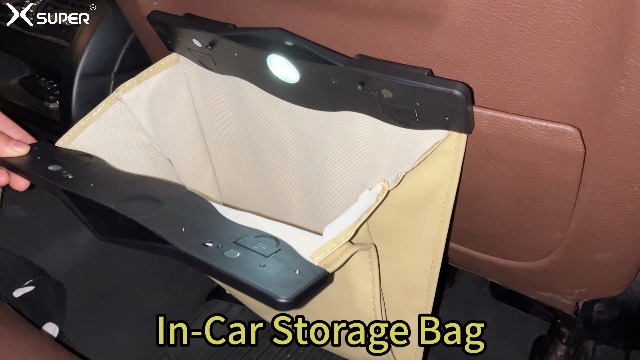 Image of XSUPER Car Trash Bag - Waterproof PU Leather Hanging Trash Can with Smart LED Light & Magnet Closure for Back Seat, Portable Trash Bin Includes 15 Rubbish Bags(Beige)