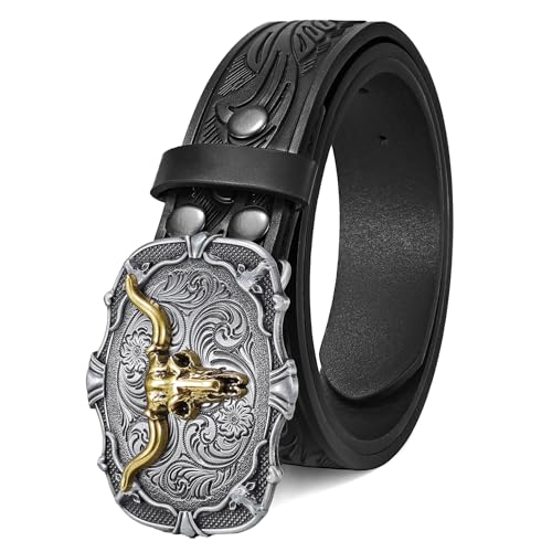 LALATCH Western Belts for Men Women Genuine Leather Cowboy Belt with Longhorn Poker Western Buckle Classic Country Style 120cm Black M
