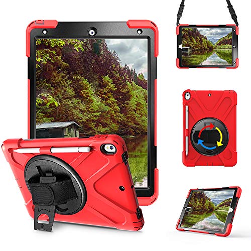 Junfire Coque pour iPad air 3, 2019 avec béquille,iPad Pro 10.5 Cover avec Porte-Crayon, dragonne et bandoulière 3 Couches Hybride résistant aux Chocs pour iPad Pro 10.5, 2017/iapd air 3, 2019(Rouge)