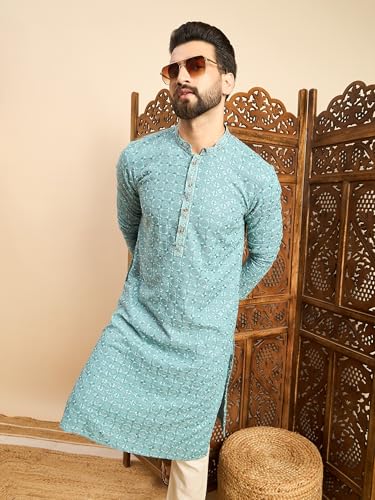 Image of Amazon Brand - Tavasya Men Rayon Geometric Embroidered Mandarin Collar Straight Kurta