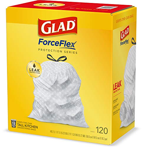 Glad ForceFlex Tall Kitchen Drawstring Trash Bags 13 Gallon White Trash Bag, Unscented 120 Count (Package May Vary)