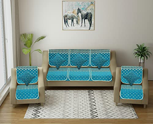 Image of Premium 5 Seater Printed Sofa Cover Set 3,1,1 Seater 10 Pieces Sofa Back Slip Panels, Protector for Single Seater (Sky Blue, 3+1+1 with Cushion Covers)