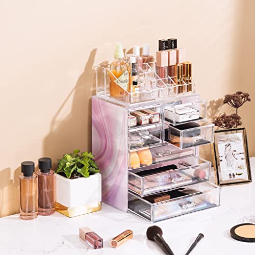 Image of Sorbus Acrylic Makeup Organizer Set, 7-Drawer Vanity & Countertop Cosmetic Storage with Small & Wide Compartments, Tie Dye Makeup Storage for Brushes, Jewelry - Holiday Gift for Women & Teens