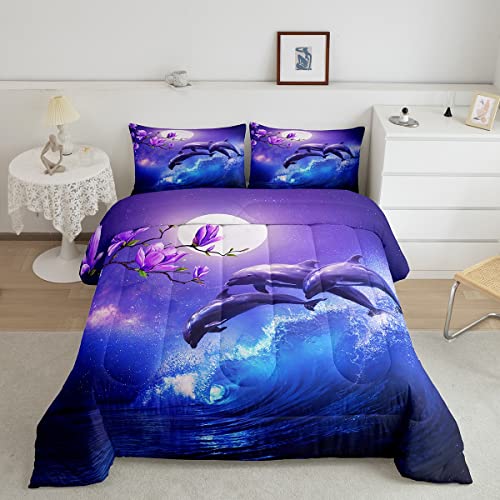 Erosebridal Dolphin Ocean Comforter Set Queen,Coastal Stars Moon Galaxy Bedding Set Cherry Blossoms Sky Starry Comforter For Girls Teen Women Sea Animal Quilted Duvet Purple Blue 2 Pillow Cases #TOP11