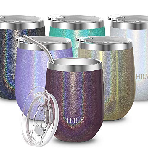 Stainless Steel Wine Tumbler Insulated - THILY T2 Stemless Portable Travel Wine Glass with Spill Proof Lid and Reusable Straw, 12 oz, Keep Cold & Hot for Coffee, Cocktails, Drinks, Glitter Red-Brown