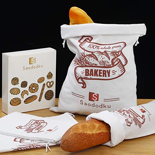 Bread Bags, 2 Pcs 11.8x17.7 and 2 Pcs 5.9x27.5 Bread Storage Bags, Made of Unglued and Unbleached Natural Flax Fabric