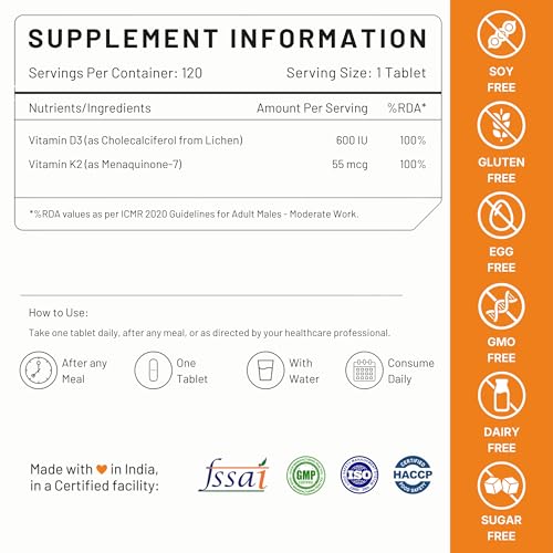 Image of Nutrabud Vitamin D3 K2 MK7-120 Veg Tablets - 600 IU - 100% RDA Plant-Based Vitamin D3 Supplement from Lichen Source with Vitamin K2 as MK7 Menaquinone (Pack of 1)