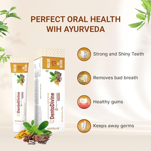 Image of Dentodivine Pure Ayurvedic Toothpaste | For Teeth Whitening, Stain Removal & Repairs Cavities | SLS Free Toothpastes | Anti-Bacterial Tooth Paste | For Toothache, Bleeding Gums, Sensitivity, Cavities, Plaque & Bad breath | With 20 herbs & VAIDYA RECOMMENDED 100g (3)