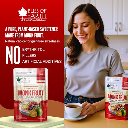 Image of Bliss of Earth Pure Monk Fruit Extract Powder Without Erythritol, Zero Calorie Natural Sugar Free Sweetener, Keto & Diabetic Friendly, Healthy Sugar Substitute for Tea, Coffee, Baking & Cooking, 42.52gm, 850 Servings