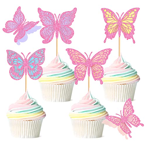 Cyodoos Pack Of 24 Butterfly Cupcake Toppers Double Layers 3D Butterfly Baby Shower Cupcake Food Picks Decorations For Butterfly Theme Wedding Anniversary Kids Birthday Party Supplies - Pink Glitter #TOP6