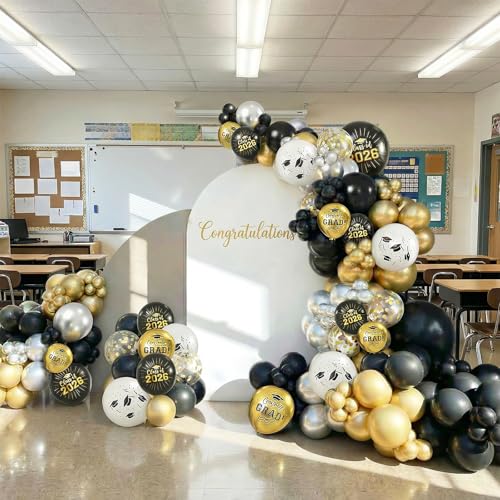 Image of Black and Gold Graduation Balloons, 60PCS Congrats GRAD Cap Printed Balloon, 12 Inch Metallic Silver Gold Confetti Latex Party Balloons Helium for Class of 2026 Graduation Ceremony Party Decorations
