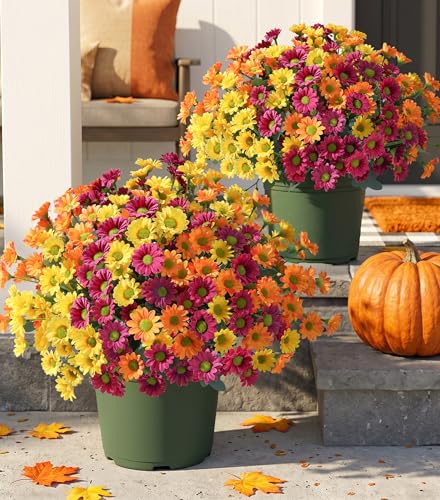 Image of HyeFlora Artificial Mums for Outdoors Fall Decor, 6 Bundles Fake Flowers UV Resistant Realistic Faux Flowers Bouquet Silk Flowers for Outside Planter Porch Patio Garden Yard Balcony Home, Mix