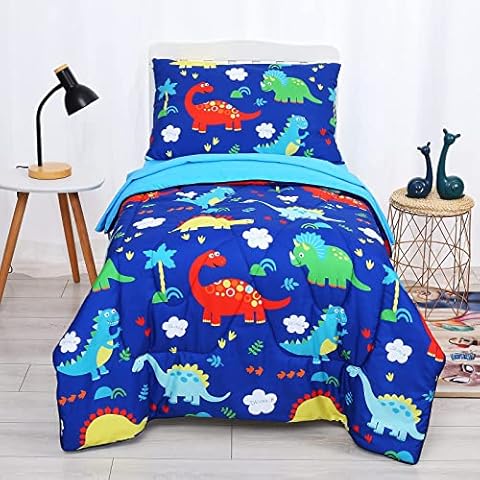 Cloele 4 Piece Dinosaur Toddler Bedding Set - Ultra Soft Blue Toddler Bed Set for Boys Includes Quilted Comforter Fitted Sheet Flat Sheet Reversible Pillowcase Microfiber Toddler Comforter & Sheet Set Cover