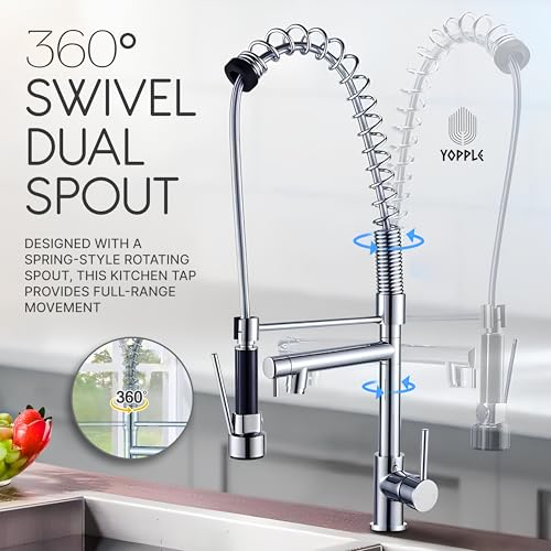 Image of 2-Mode Pull-Down Kitchen Faucet, Spring Style 360 Swivel Sink Tap, Dual Spout Stainless Steel Mixer, Hot & Cold Water, Commercial & Home Use, Pull-Out Spray