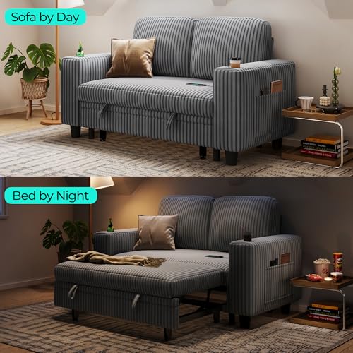 Image of LINSY HOME Sectional Sleeper Sofa Pull Out Couches for Living Room (Grey, Pull Out Couch) | Pull Out Sofa Bed, Storage, USB Charging, Cup Holders, Plush Corduroy