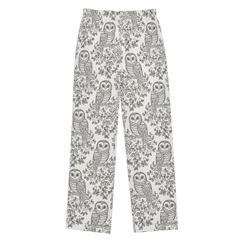 Retro Owl Flowers Boys Long Pants Soft Trousers Elastic Waist Kids Lounge Bottoms with Pockets S-XL