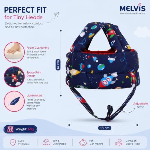 Image of MELVIS Baby Safety Helmet for Crawling & Walking | Soft Cushion Head Protector Helmet for Toddlers 6 Months-2 Years | Adjustable Infant Head Guard - Multi Printed Dark Blue