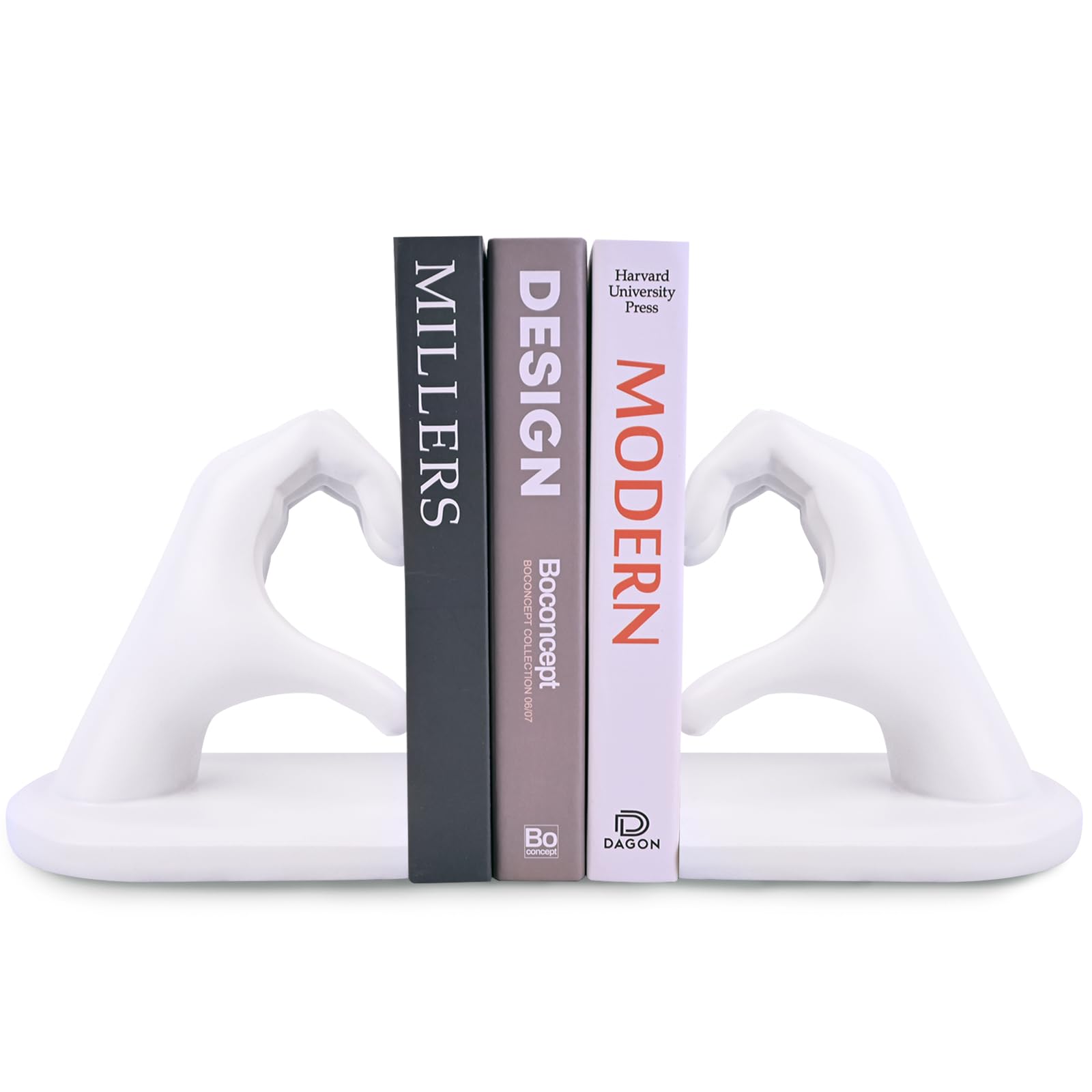 White Gesture Decorative Bookends, Heart Hands Sculpture Bookend, Creative Book Stopper and Holder for Books