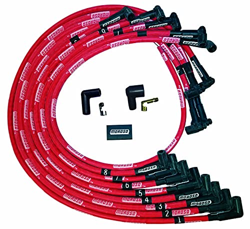 Moroso 52528 Ultra Series Sleeved Red Spark Plug Wires Small Block Chevy Under Header Routing 90 Degree Plug Ends HEI Distributor