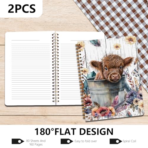 Image of 2Pcs Highland Cow Notebook, Cow College Ruled Spiral Notebook, Cows Print Stuff 160 Pages Hardcover Notebooks Journals for Writing Travel Business Office, Funny Aesthetic Notebooks for Women