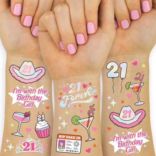 xo, Fetti 21st Birthday Party Decorations Temporary Tattoos - 48 pcs | Fun Bday Girl Party, Finally 21, RIP Fake ID, HBD, Disco Cowgirl Party, Twenty One Tiara