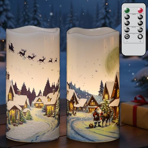 Image of GenSwin Christmas Flameless Candles with Remote Timer, Set of 2 Christmas LED Battery Operated Pillar Candles with Snow House, Santa, Reindeer Decals for Holiday Winter Party Home Decor(D3 inch x H6 inch)